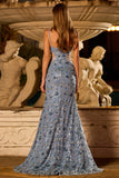 Floral Dusty Blue Sequin Cut Out Beaded Long Prom Dress with Slit