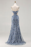 Sparkly Dusty Blue Cut Out Beaded Long Floral Prom Dress with Slit