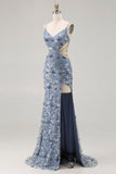 Sparkly Dusty Blue Cut Out Beaded Long Floral Prom Dress with Slit