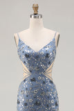 Sparkly Dusty Blue Cut Out Beaded Long Floral Prom Dress with Slit