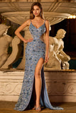 Floral Dusty Blue Sequin Cut Out Beaded Long Prom Dress with Slit