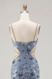 Sparkly Dusty Blue Cut Out Beaded Long Floral Prom Dress with Slit