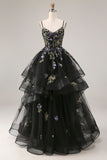 Sparkly Black Sequin Tulle A Line Long Prom Dress with Ruffles