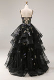 Sparkly Black Sequin Tulle A Line Long Prom Dress with Ruffles