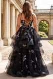 Sparkly Black Sequin Tulle A Line Long Prom Dress with Ruffles