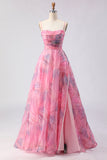 Pink Floral A Line Spaghetti Straps Long Tulle Prom Dress with Slit