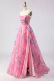 Pink Floral A Line Spaghetti Straps Long Tulle Prom Dress with Slit