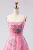 Pink Floral A Line Spaghetti Straps Long Tulle Prom Dress with Slit