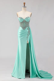 Sparkly Mint Green Mermaid Beaded Long Corset Prom Dress with Slit