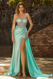 Sparkly Mint Green Beaded Mermaid Long Corset Prom Dress with Slit