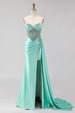 Sparkly Mint Green Mermaid Beaded Long Corset Prom Dress with Slit