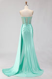 Sparkly Mint Green Mermaid Beaded Long Corset Prom Dress with Slit