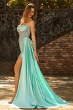 Sparkly Mint Green Beaded Mermaid Long Corset Prom Dress with Slit
