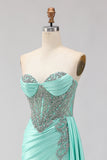 Sparkly Mint Green Mermaid Beaded Long Corset Prom Dress with Slit
