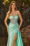 Sparkly Mint Green Beaded Mermaid Long Corset Prom Dress with Slit