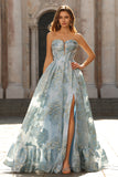 Floral Light Blue Sweetheart Princess Maxi Corset Prom Dress with Slit