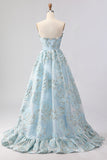 Light Blue Corset Sweetheart Ruffled Long Floral Prom Dress with Slit
