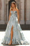 Floral Light Blue Sweetheart Princess Maxi Corset Prom Dress with Slit