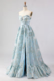 Light Blue Corset Sweetheart Ruffled Long Floral Prom Dress with Slit