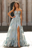 Floral Light Blue Sweetheart Princess Maxi Corset Prom Dress with Slit