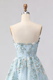 Light Blue Corset Sweetheart Ruffled Long Floral Prom Dress with Slit