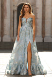 Floral Light Blue Sweetheart Princess Maxi Corset Prom Dress with Slit