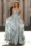 Light Blue Corset Sweetheart Ruffled Long Floral Prom Dress with Slit