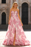 Light Blue Corset Sweetheart Ruffled Long Floral Prom Dress with Slit