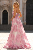Pink Floral Sweetheart A-Line Long Ruffled Corset Prom Dress with Slit