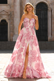 Floral Light Blue Sweetheart Princess Maxi Corset Prom Dress with Slit