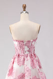 Pink Floral Sweetheart A-Line Long Ruffled Corset Prom Dress with Slit