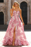 Floral Light Blue Sweetheart Princess Maxi Corset Prom Dress with Slit