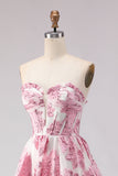 Pink Floral Sweetheart A-Line Long Ruffled Corset Prom Dress with Slit
