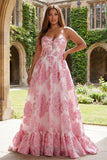 Pink Floral Sweetheart A-Line Long Ruffled Corset Prom Dress with Slit