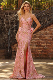 Sparkly Pink Mermaid Sequin Floral Long Prom Dress with Bow