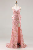 Sparkly Pink Mermaid Sequin Floral Long Prom Dress with Bow