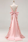 Sparkly Pink Mermaid Sequin Floral Long Prom Dress with Bow