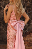 Sparkly Pink Mermaid Sequin Floral Long Prom Dress with Bow