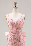 Sparkly Pink Mermaid Sequin Floral Long Prom Dress with Bow