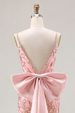 Sparkly Pink Mermaid Sequin Floral Long Prom Dress with Bow