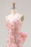 Sparkly Pink Mermaid Sequin Floral Long Prom Dress with Bow