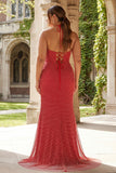 Sparkly Red Mermaid Beaded Halter Long Prom Dress with Slit