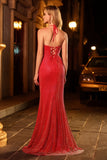 Sparkly Red Mermaid Beaded Halter Long Prom Dress with Slit