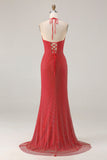 Sparkly Red Halter Beaded Mermaid Long Prom Dress with Slit