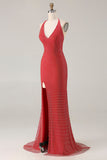 Sparkly Red Mermaid Beaded Halter Long Prom Dress with Slit