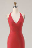 Sparkly Red Mermaid Beaded Halter Long Prom Dress with Slit