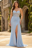 Sparkly Sky Blue Beaded Mermaid Long Corset Prom Dress with Slit