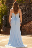 Sparkly Sky Blue Beaded Mermaid Long Corset Prom Dress with Slit