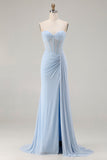 Sparkly Sky Blue Beaded Mermaid Long Corset Prom Dress with Slit