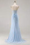 Sparkly Sky Blue Beaded Mermaid Long Corset Prom Dress with Slit